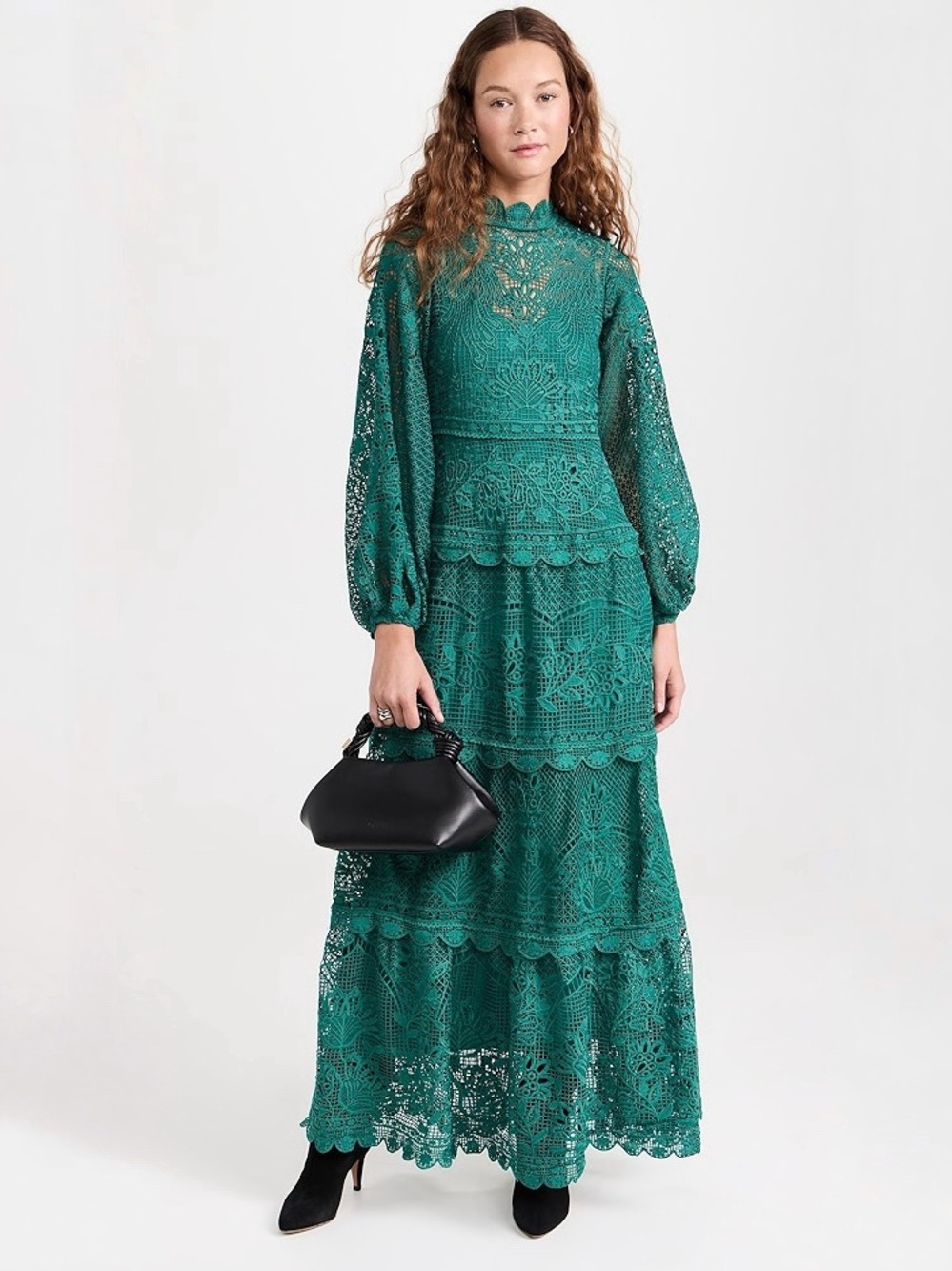 NWT Farm Rio Dark Emerald Green Guipure Lace Long Sleeve Maxi Dress Medium New
